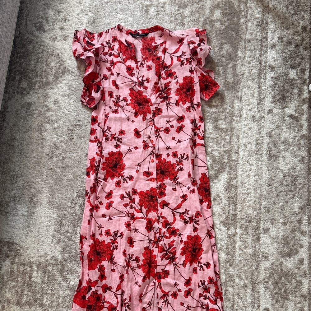 Linen Floral Pink and Red Ruffle Sleeve Dress